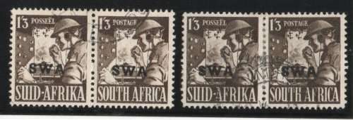 SOUTH WEST AFRICA 1943 ADDITIONAL WAR EFFORT 1/3d PAIRS BOTH SHADES VFU. SACC 158, 158a. CAT R460.