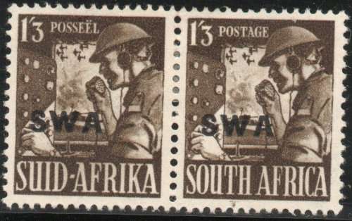 SOUTH WEST AFRICA 1943 ADDITIONAL WAR EFFORT 1/3d PAIR BLACKISH BROWN LMM. SACC 158a. CAT R200.