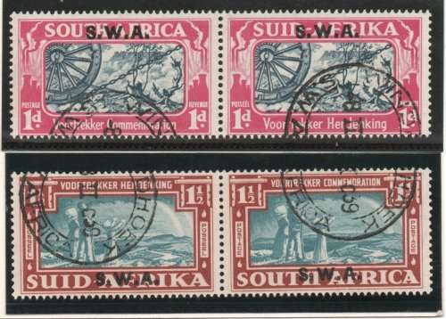 SOUTH WEST AFRICA 1938 VOORTREKKER COMMEMORATION SET OF 2 PAIRS VFU. SACC 136-37. CAT R520.