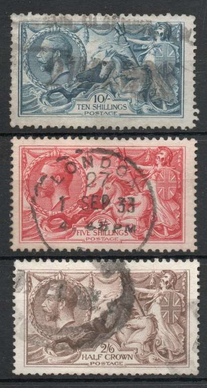 GREAT BRITAIN 1918-19 BRADBURY WILKINSON SEA HORSES SET OF 3 FINE-VFU. SG 415a, 416, 417. CAT £385.