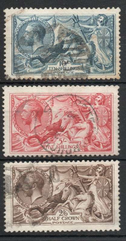GREAT BRITAIN 1918-19 BRADBURY WILKINSON SEA HORSES SET OF 3 FINE-VFU. SG 414, 416, 417. CAT £385.