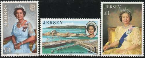 JERSEY 3 x £1 QEII UMM STAMPS. 1986 60th BIRTHDAY SG 389, 1988 ROYAL VISIT SG 500 AND 1993 SG 634.