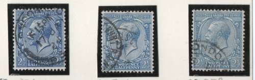 GREAT BRITAIN 1912-24 KGV DEFIN 2½d 3 SHADES VFU. SG 371, 371a and 372. CAT 12 POUNDS.