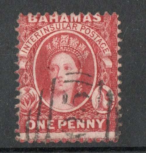 BAHAMAS 1862 QV DEFIN 1d BROWN LAKE NO WMK PERF 13 VFU. SG 17. CAT 140 POUNDS. (2018)