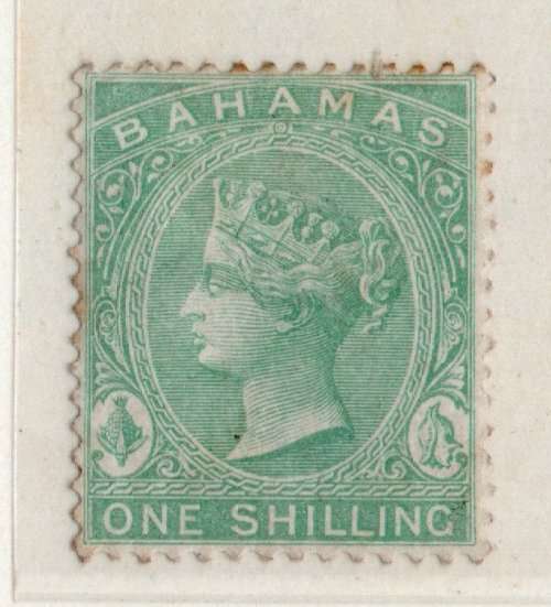 BAHAMAS 1863-80 QV DEFIN 1/- GREEN PERF 14 WMK CROWN CC MOUNTED MINT. SG 39ba. CAT £9. (2018)
