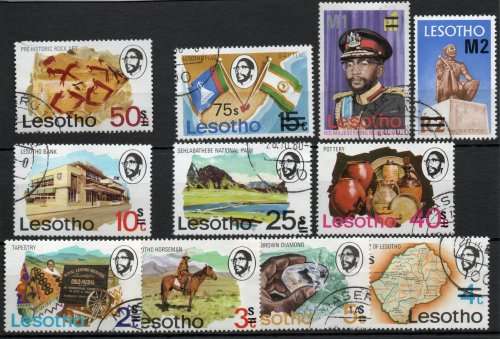 LESOTHO 1980 SURCHARGED DEFINITIVE SET OF 11 V.F.USED. SG 402A - 417A. CAT 6,50 POUNDS.