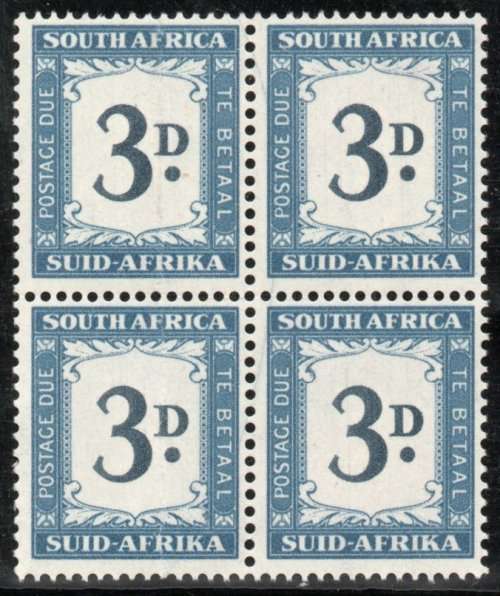 SOUTH AFRICA 1950-58 POSTAGE DUE 3d BLOCK OF 4 (2 UMM AND 2 LMM). SACC 40. CAT R340.