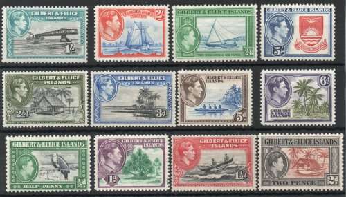Gilbert & Ellice Islands 1939-55 KGVI definitive set of 12 lightly mounted mint. SG 43-54. Cat £42.