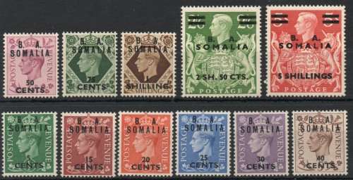 Somalia 1950 GB stamps ovpt "B.A. SOMALIA" set of 11 mounted mint. SG S21-S31. Cat £35. (2018)