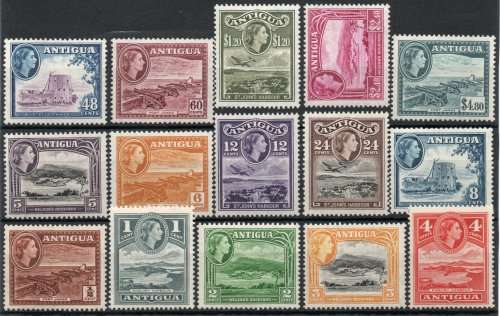 Antigua 1953-62 QEII definitive set of 15 fine mounted mint. SG 120a-134. Cat £85. (2018)