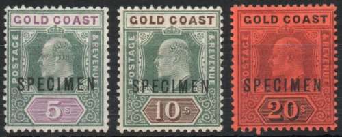 Gold Coast 1902 KEVII 5/-, 10/- & 20/- specimen stamps mounted mint. SG 46s-48s.