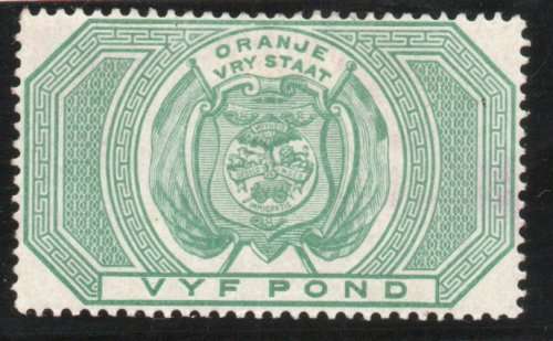 Orange Free State 1882-86 postal fiscal £5 green very fine mounted mint. SG F15. CAT £250 (2018)