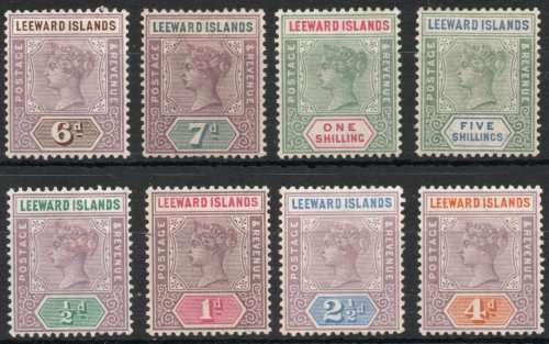 Leeward Islands 1890 QV set of 8 very fine mounted mint. SG 1-8. Cat £190. (2018)