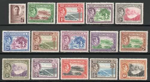 Dominica 1938-47 KGVI definitive set of 15 fine lmm/mm. SG 99-109a. CAT £75. (2018)