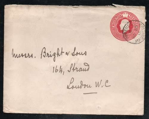 Mauritius 1913 KEVII 6c postal stationery envelope with "PHOENIX" cancel and backstamped. Scarce!!