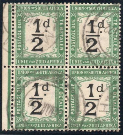 South Africa 1914-22 Postage Due ½d marginal block of 4 very fine used. SG 1. Cat £15. (2018)