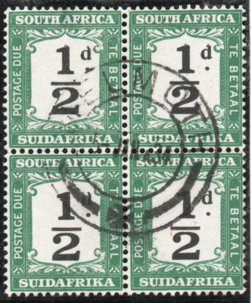 South Africa 1927-28 Postage Due ½d black & green block of 4 very fine used. SG D17. Cat £10. (2018)