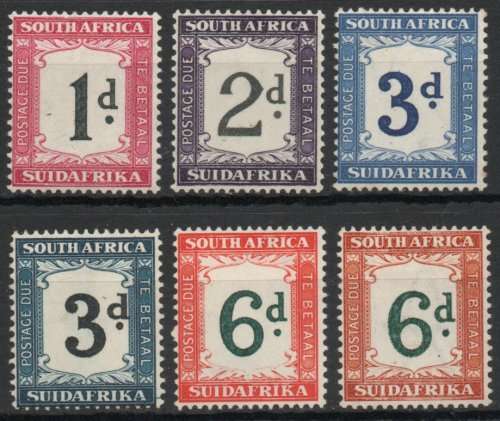 South Africa 1932-42 Postage Due 1d - 6d & 2 shades mm SG D25-D27, D28w & D29-D29a. Cat £168. (2018)