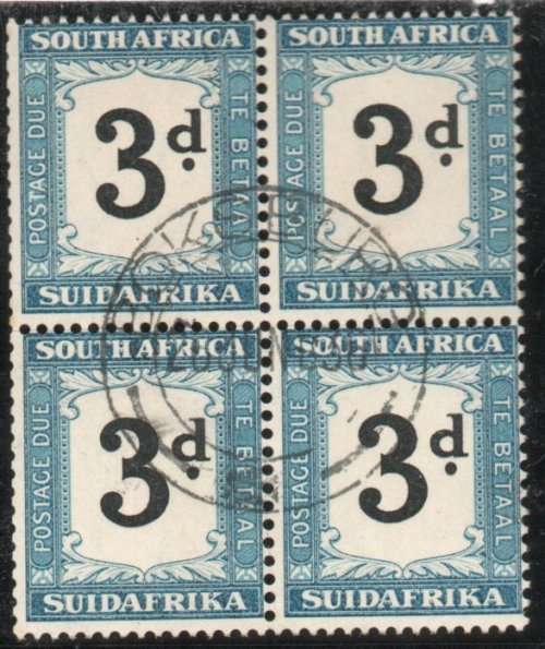 South Africa 1932-42 Postage Due 3d black & Prussian blue block of 4 vfu. SG D27. Cat £24. (2018)