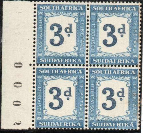 South Africa 1932-42 Postage Due 3d indigo & milky blue block of 4 umm inverted wmk. SG D28a.