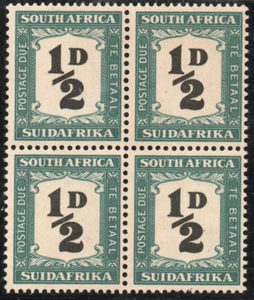 South Africa 1948-49 postage due ½d block of 4 umm. SG D34. Cat £24. (2018)