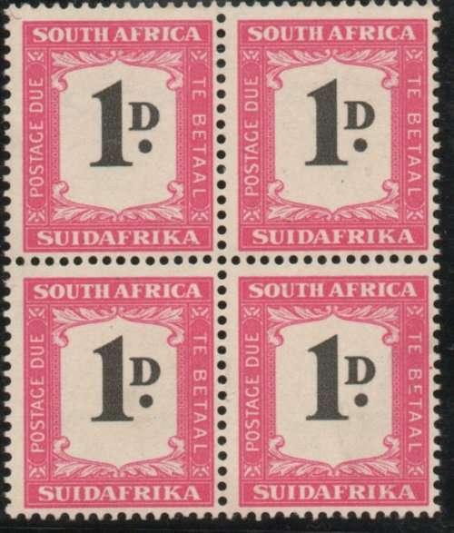 South Africa 1948-49 postage due 1d block of 4 superb unmounted mint. SG D35. Cat £76. (2018)