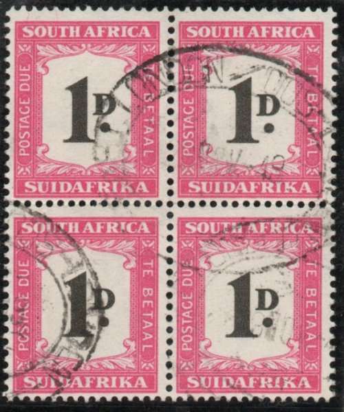 South Africa 1948-49 postage due 1d block of 4 very fine used. SG D35. Cat £22. (2018)
