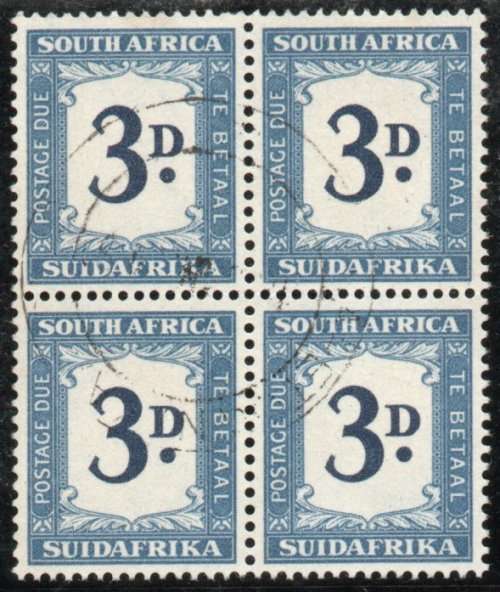 South Africa 1948-49 postage due 3d block of 4 very fine used. SG D37. Cat £68. (2018)
