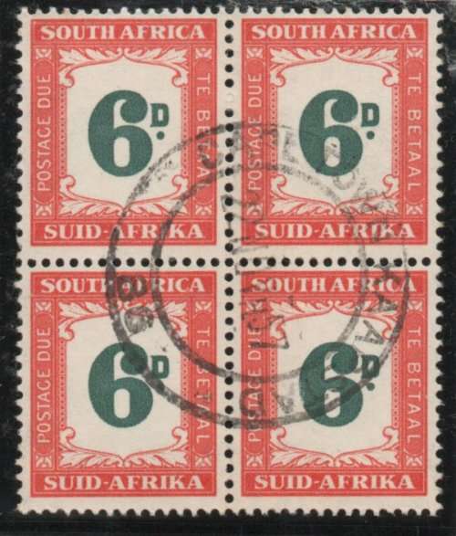 South Africa 1950-58 postage due 6d block of 4 very fine used. SG D43. Cat £36. (2018)