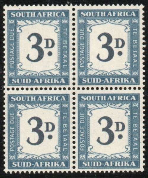 South Africa 1950-58 postage due 3d block of 4 unmounted mint. SG D41. Cat £18. (2018)