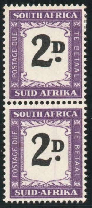 South Africa 1950-58 postage due 2d Thick "2D" in pair with normal. SG D40 & D40a. Cat £8,50. (2018)