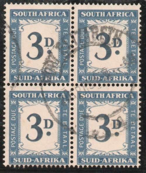 South Africa 1950-58 postage due 3d block of 4 very fine used. SG D41. Cat £10. (2018)