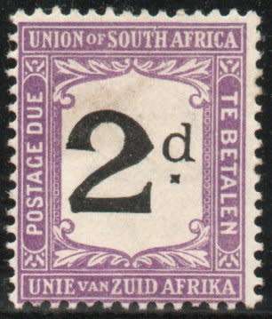 SOUTH AFRICA 1914-22 POSTAGE DUE 2d MM WITH STUBBED FOOT VARIETY. (UHB D3 V2) SACC 3a var.