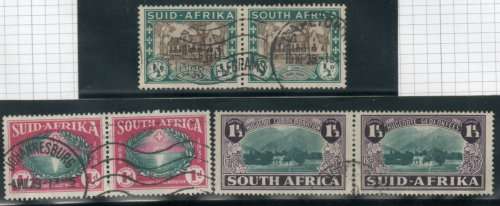 South Africa 1939 250th Anniv of Huguenot landing in SA set of 3 pairs vfu. SG 82-84. Cat £35 (2018)