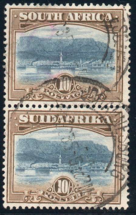 South Africa 1927-30 London Pictorials 10/- vertical pair very fine used. SG 39. Cat £160. (2018)