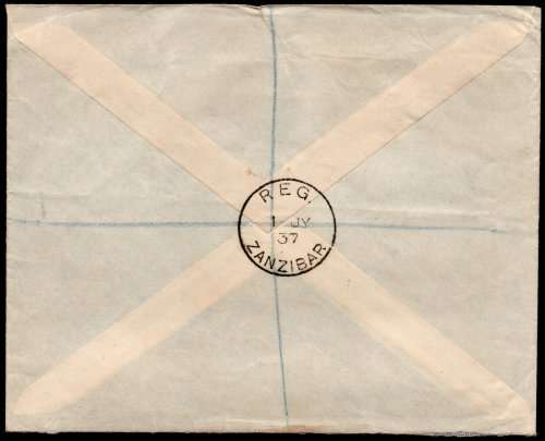 Zanzibar 1936 Silver Jubilee of Sultan set of 4 on registered cover to SA. SG 323-6. CAT £40 (2018)