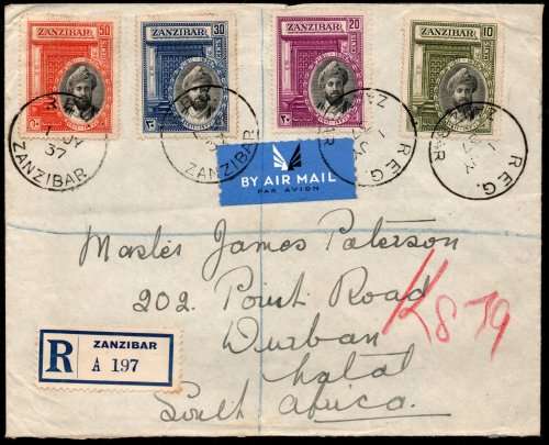Zanzibar 1936 Silver Jubilee of Sultan set of 4 on registered cover to SA. SG 323-6. CAT £40 (2018)