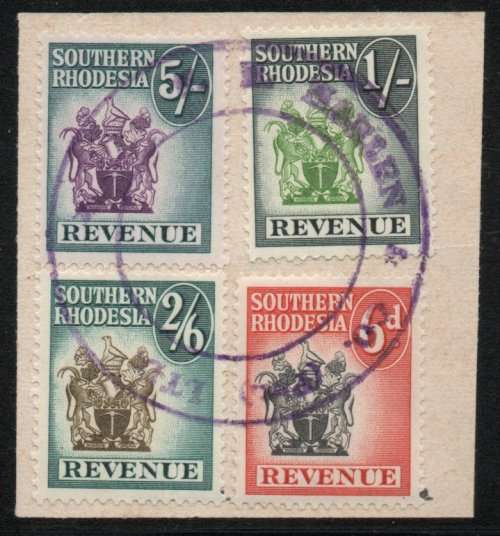 Southern Rhodesia 1954 Revenue 6d, 1/-, 2/6d & 5/- on piece vfu. Barefoot 31, 32, 34 & 36. Cat £8.