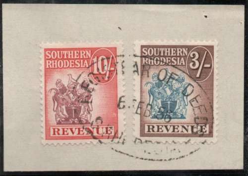 Southern Rhodesia 1954 Revenue 3/- & 10/- on piece vfu. Barefoot 35 & 37. Cat £12.50 (2012)