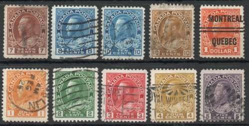 Canada 1922-31 defin basic set of 10 very fine used. CAT £38. (2018)