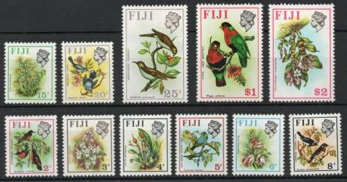 FIJI 1971 "BIRDS & FLOWERS" PART SET OF 11 MM. CAT 16,60 POUNDS.