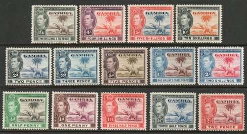 Gambia 1938 defin part set of 14 (no 6d & 1/-) mm. SG 150-154a, 156a-161. Cat £182 (2018)