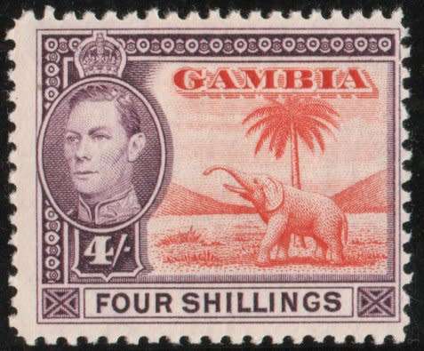 Gambia 1938 defin 4/- vermillion & purple mounted mint. SG 159. Cat £42 (2018)