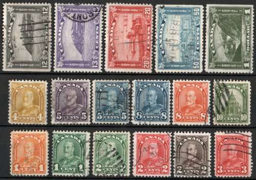 Canada 1930 definitive set of 16 & 1932 13c vfu. SG 288-303 + 325. Cat £93. (2018)
