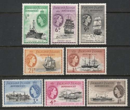 Falkland Islands Dependencies 1954 QEII defin part set of 8 lmm. SG G26-27, G30-35. Cat £30,75.