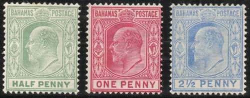 Bahamas 1902-06 KEVII defin ½d, 1d & 2½d lmm. SG 71, 62 & 63. Cat 18,50. (2018)