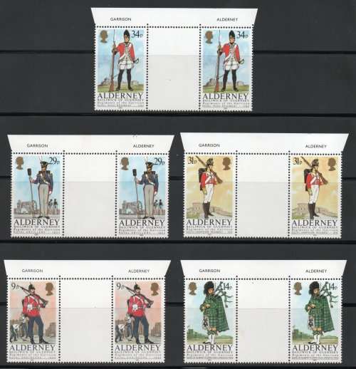 Alderney 1985 "Regiments Of Alderney" set of 5 gutter pairs umm. SG A23-A27. Cat £8,70. (2013)