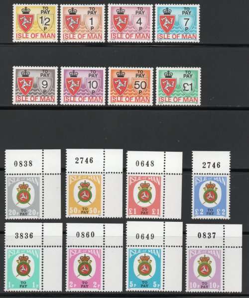 Isle of Man Postage Due 1975 set of 8 & 1982 set of 8 umm. SG D9-D24. Cat £11. (2013)