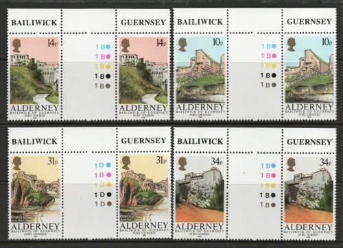 Alderney 1986 Forts set of 4 in gutter pairs umm. SG A28-A31. Cat £13,40. (2013)