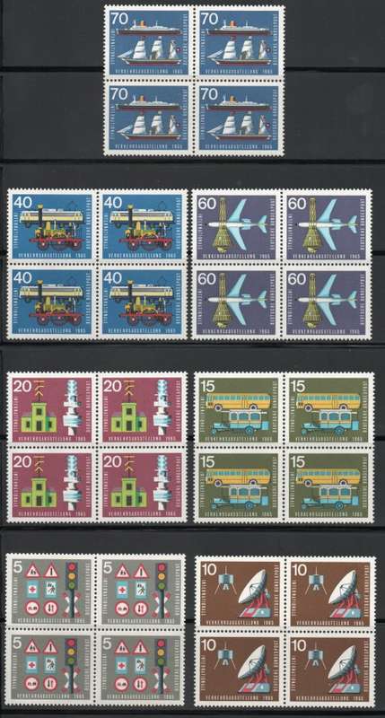 Germany West 1965 "Transport Exhibition" set of 7 in blocks 4 umm. SG 1389-11395. Cat £10,20 (2013)